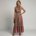 Floral halter-neck midi dress with softly draped bodice and layered flowing skirt