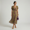 Floral print midi dress with wrap V-neckline, defined waist and straight flowing skirt