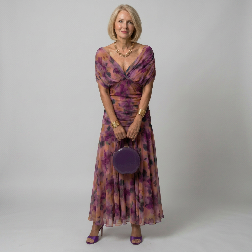 Purple off-shoulder midi dress with draped neckline and gently flared skirt
