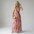 Multicolour sleeveless wrap maxi dress with thin straps, defined waist and flowing skirt