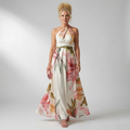 White floral halter-neck maxi dress with large bold print and flowing relaxed skirt
