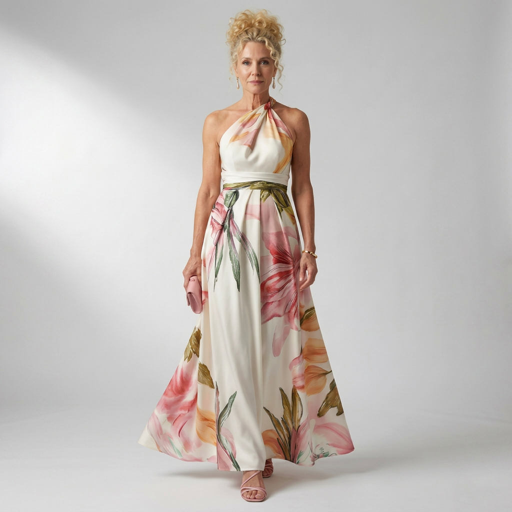White floral halter-neck maxi dress with large bold print and flowing relaxed skirt