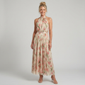 Floral halter-neck midi dress with defined belt waist and flowing relaxed skirt