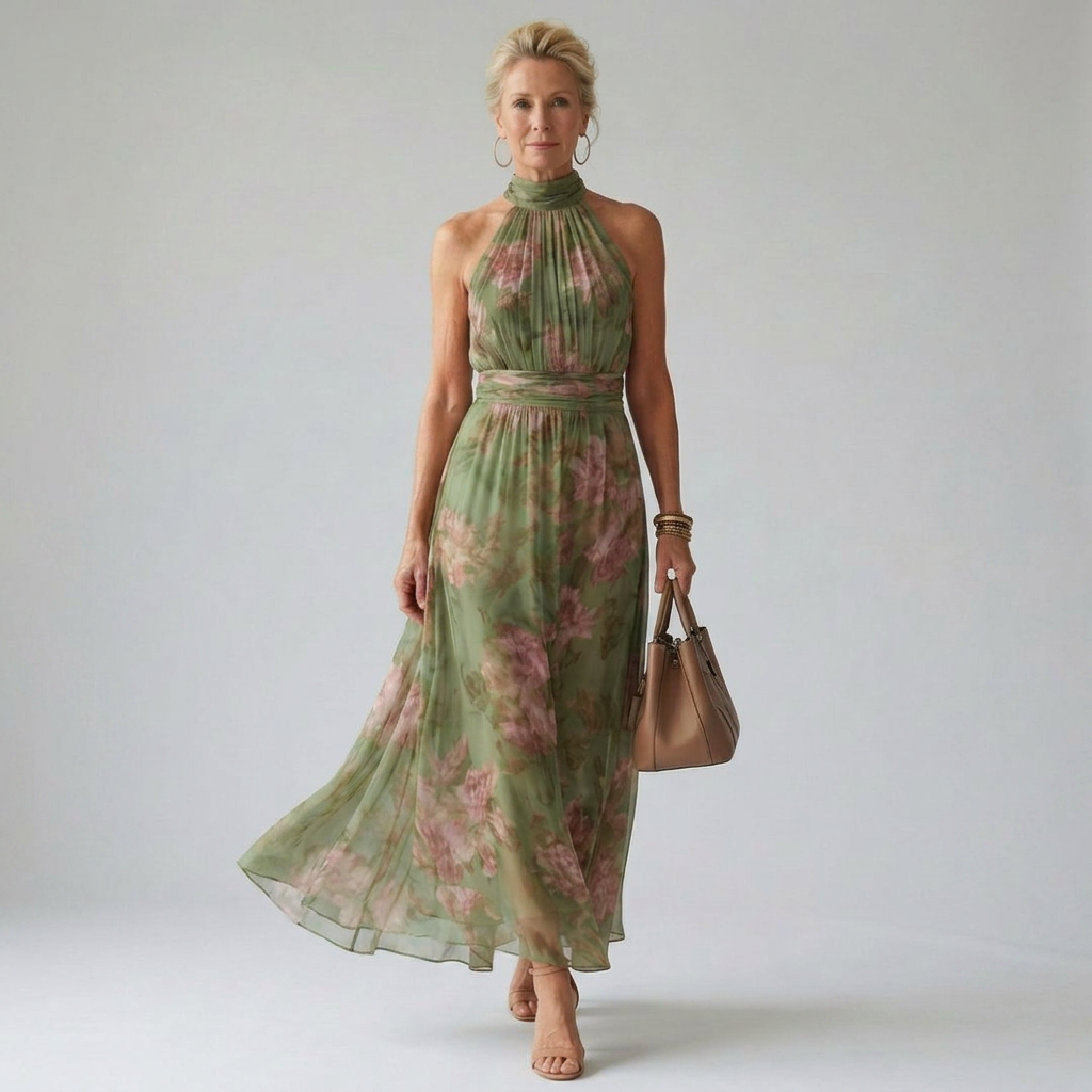 Sage green floral halter-neck midi dress with ruched neckline and flowing skirt