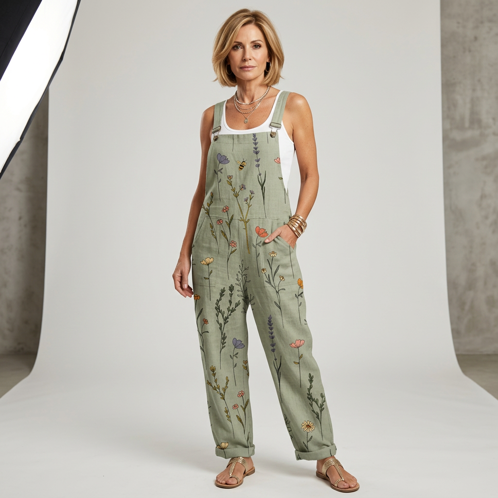 Printed wide-leg relaxed jumpsuit with adjustable straps and a flowing, elegant silhouette