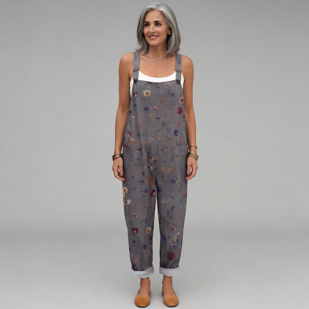 Summer printed wide-leg jumpsuit with a light, flowing drape and adjustable shoulder straps