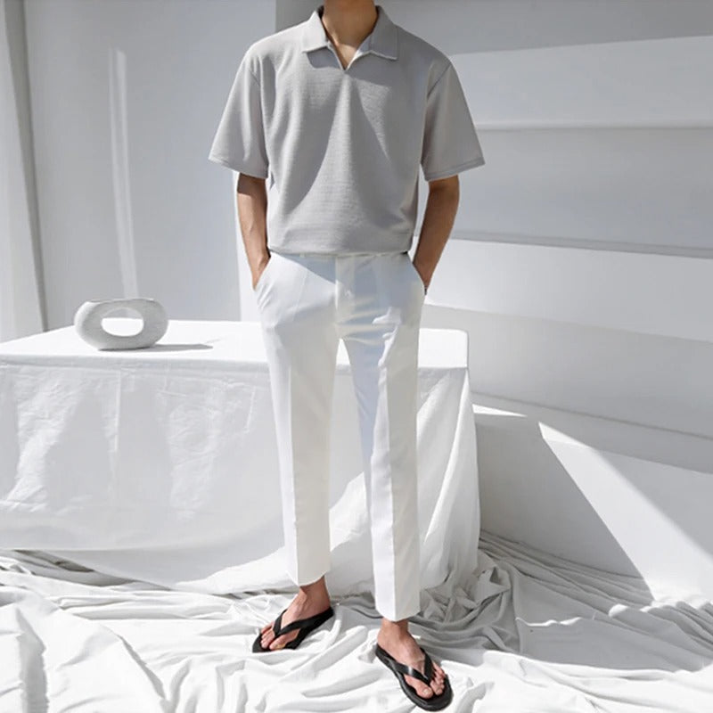 Men's light grey relaxed oversize polo shirt with a partial button collar