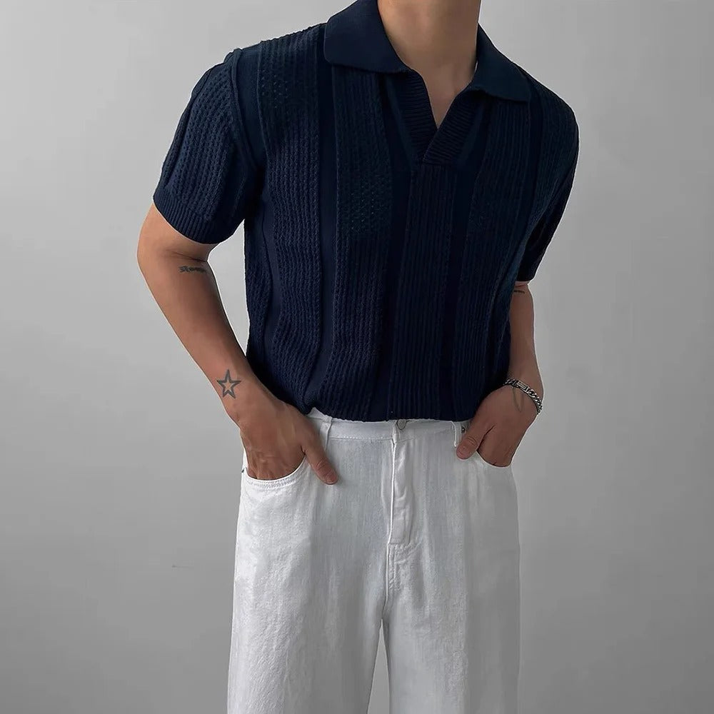 Men's textured heritage polo shirt in navy with a clean, structured silhouette