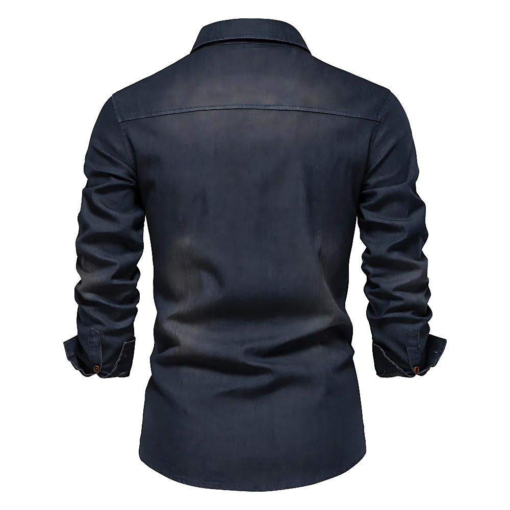 Men's slim-fit casual shirt in dark navy with a clean, structured silhouette