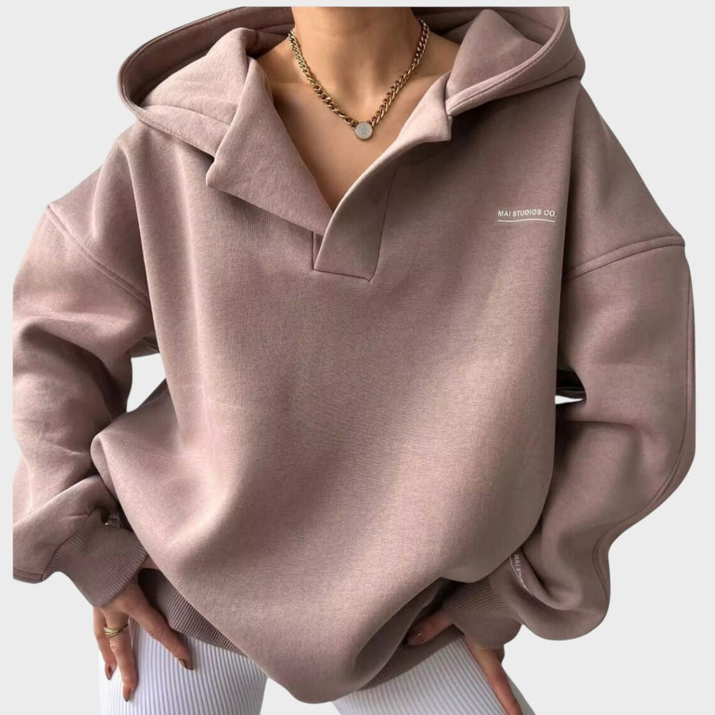 Women's beige everyday comfort hoodie with a relaxed flattering fit