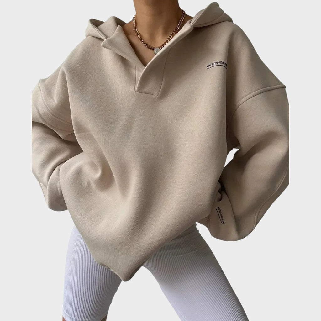 Women's beige everyday comfort hoodie with a relaxed flattering fit