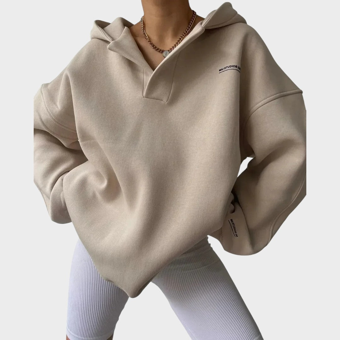 Women's beige everyday comfort hoodie with a relaxed flattering fit