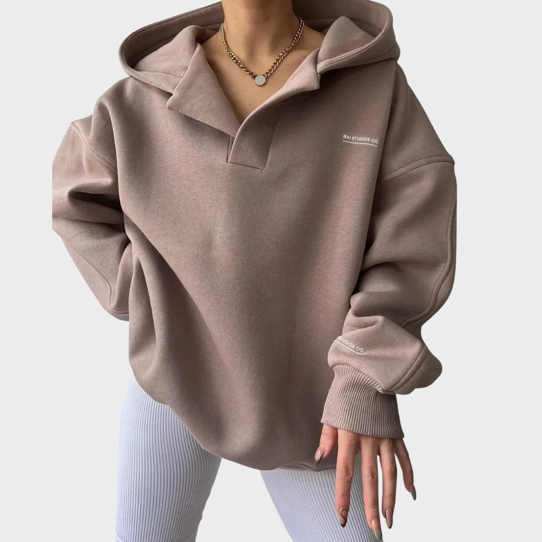 Women's beige everyday comfort hoodie with a relaxed flattering fit