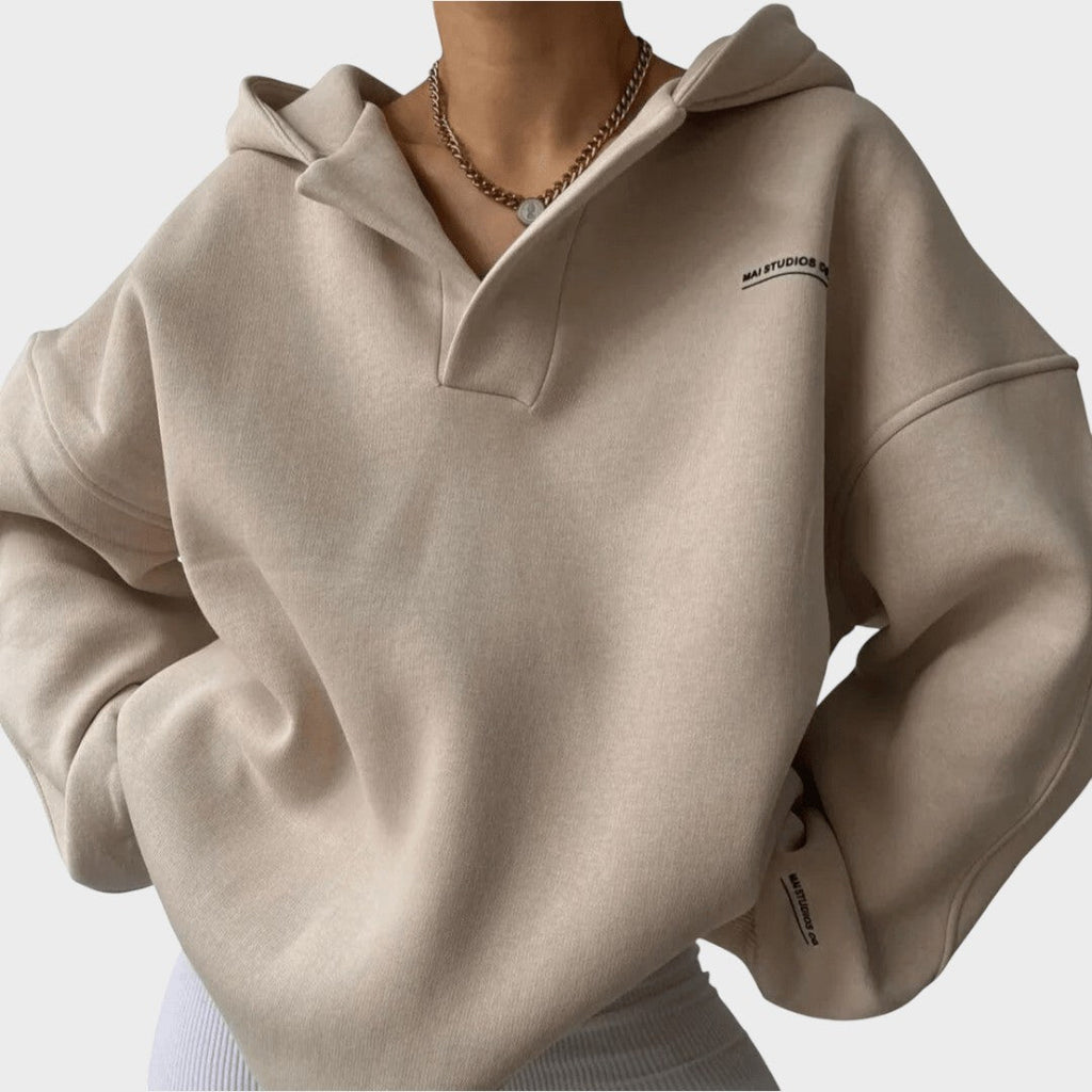 Women's beige everyday comfort hoodie with a relaxed flattering fit