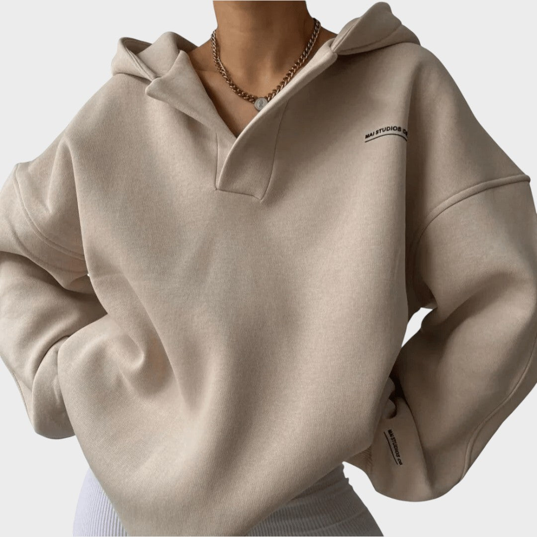 Women's beige everyday comfort hoodie with a relaxed flattering fit