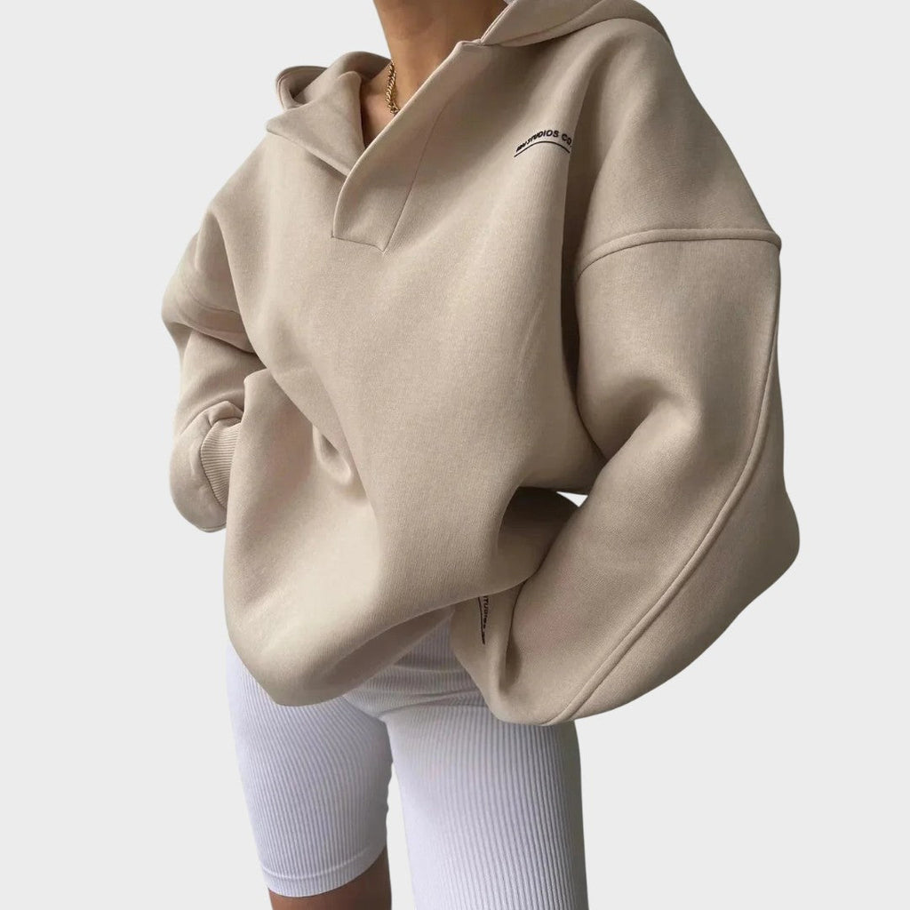 Women's beige everyday comfort hoodie with a relaxed flattering fit