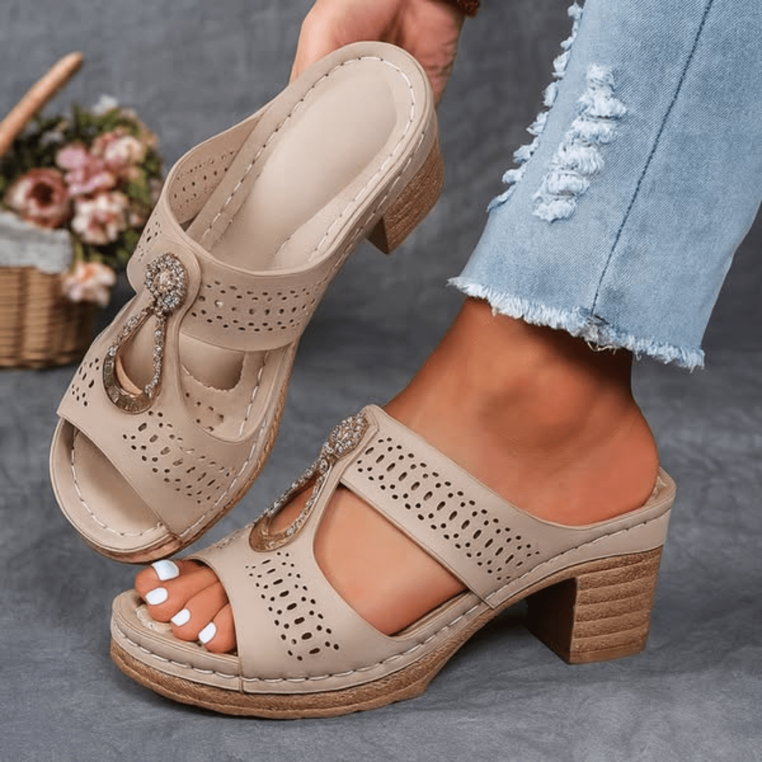 Embellished block-heel sandal with a decorative upper detail in an elegant occasion style