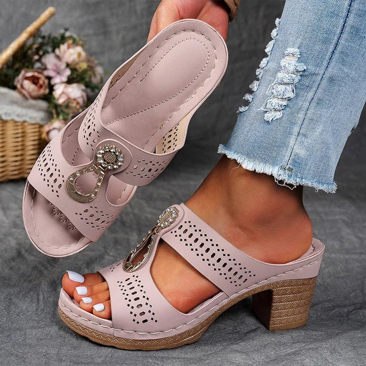 Embellished block-heel sandal with a decorative upper detail in an elegant occasion style