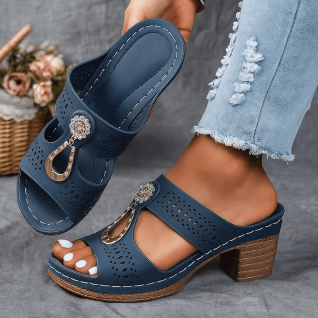 Embellished block-heel sandal with a decorative upper detail in an elegant occasion style