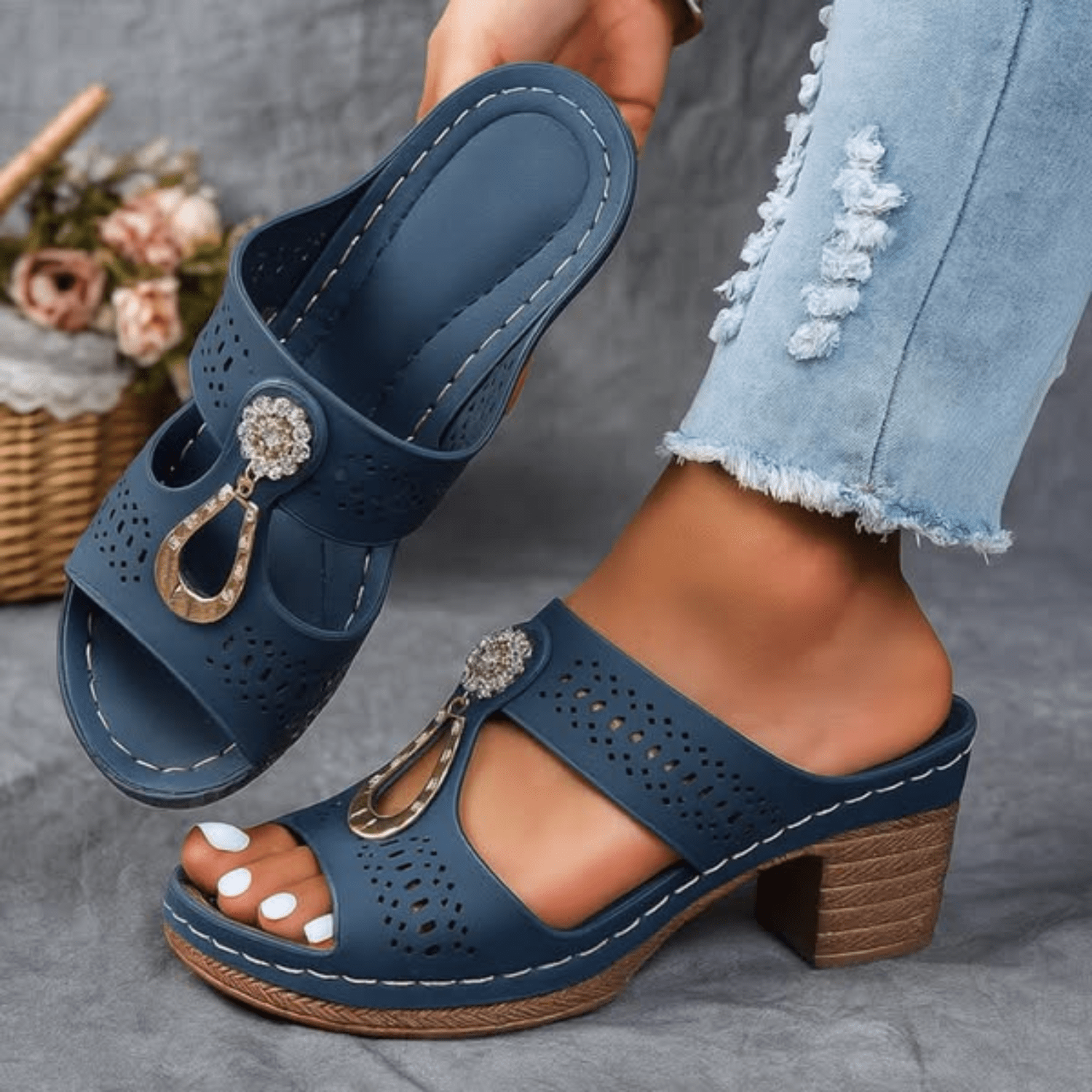 Embellished block-heel sandal with a decorative upper detail in an elegant occasion style