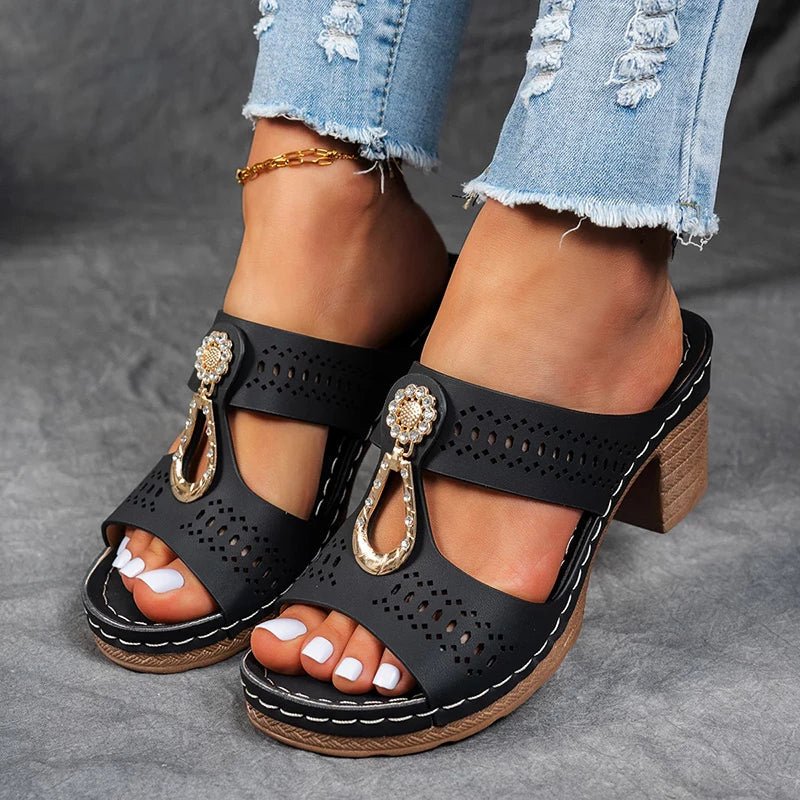 Embellished block-heel sandal with a decorative upper detail in an elegant occasion style