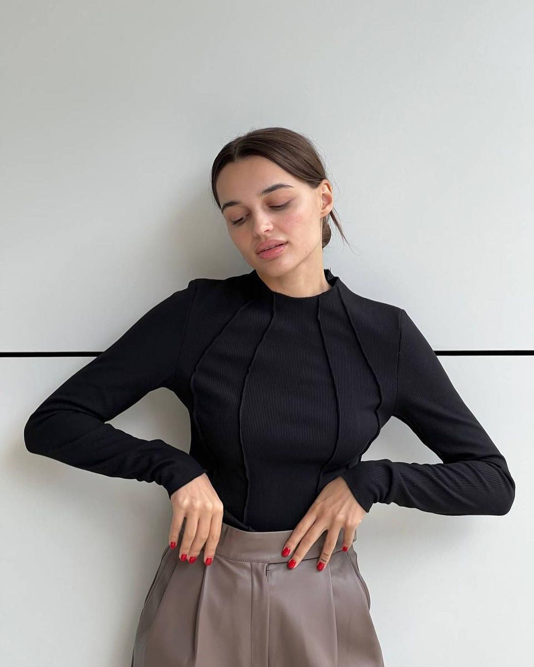 Apricot long-sleeve essential top with a clean, flattering and relaxed silhouette