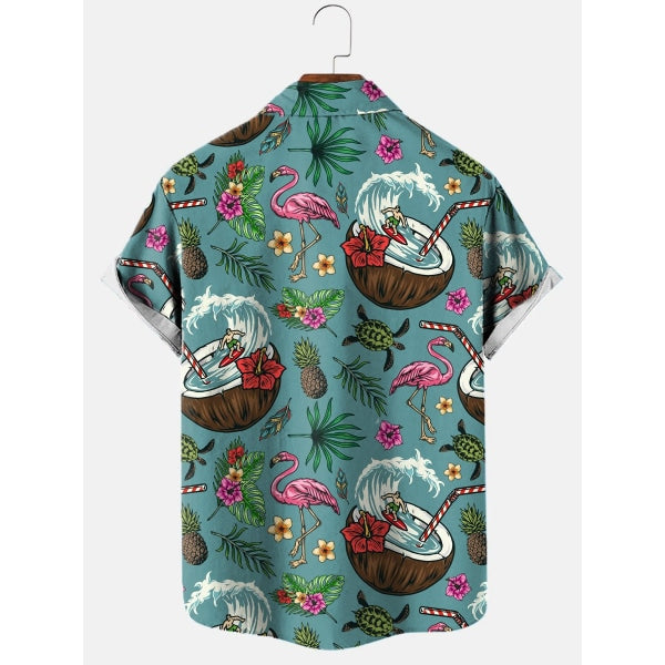 Men's short-sleeved shirt with bold retro surf graphic print in vibrant colours