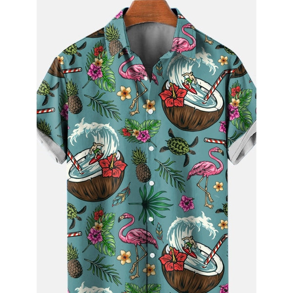 Men's short-sleeved shirt with bold retro surf graphic print in vibrant colours
