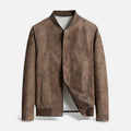 Men's brown textured bomber jacket with ribbed cuffs and clean zip front