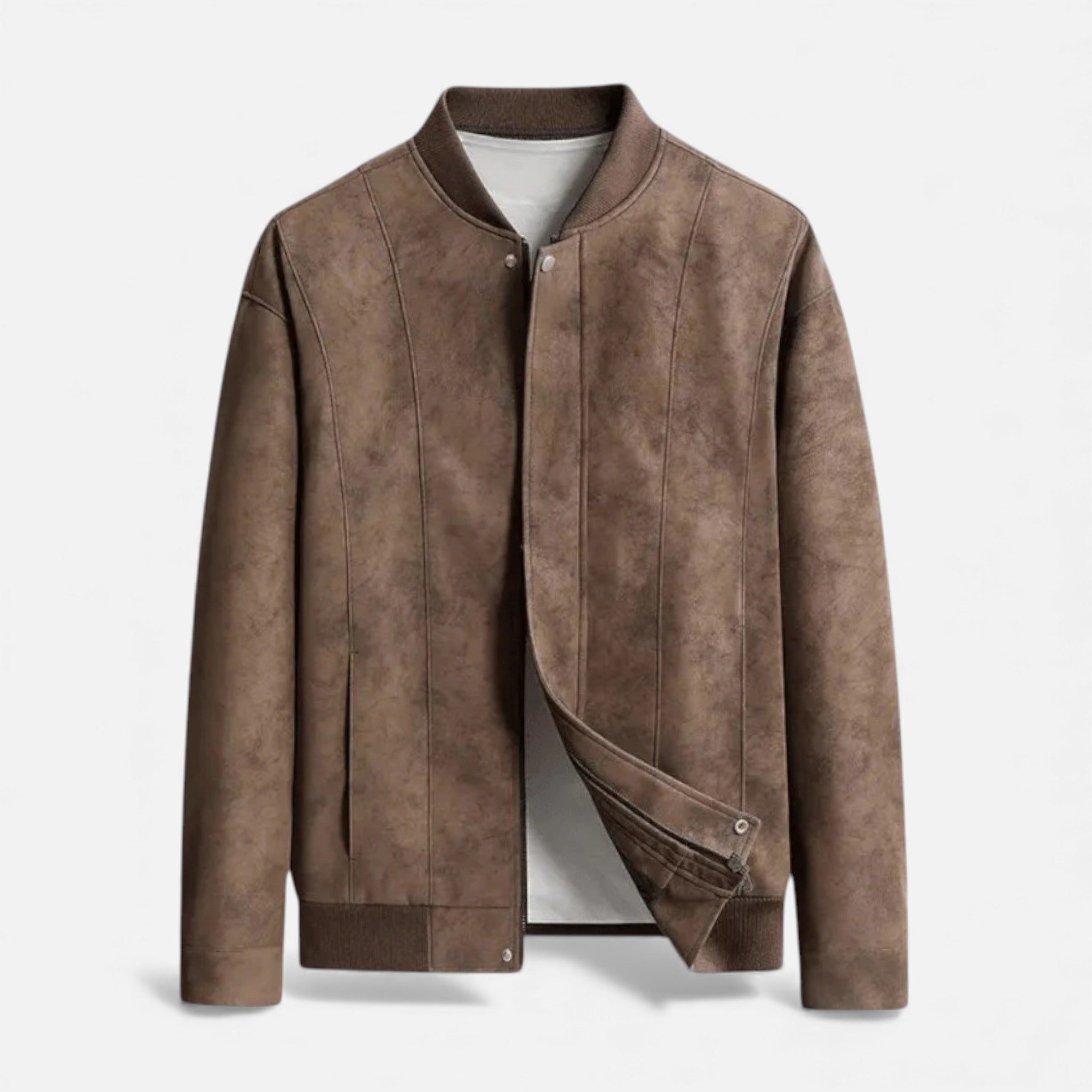 Men's brown textured bomber jacket with ribbed cuffs and clean zip front