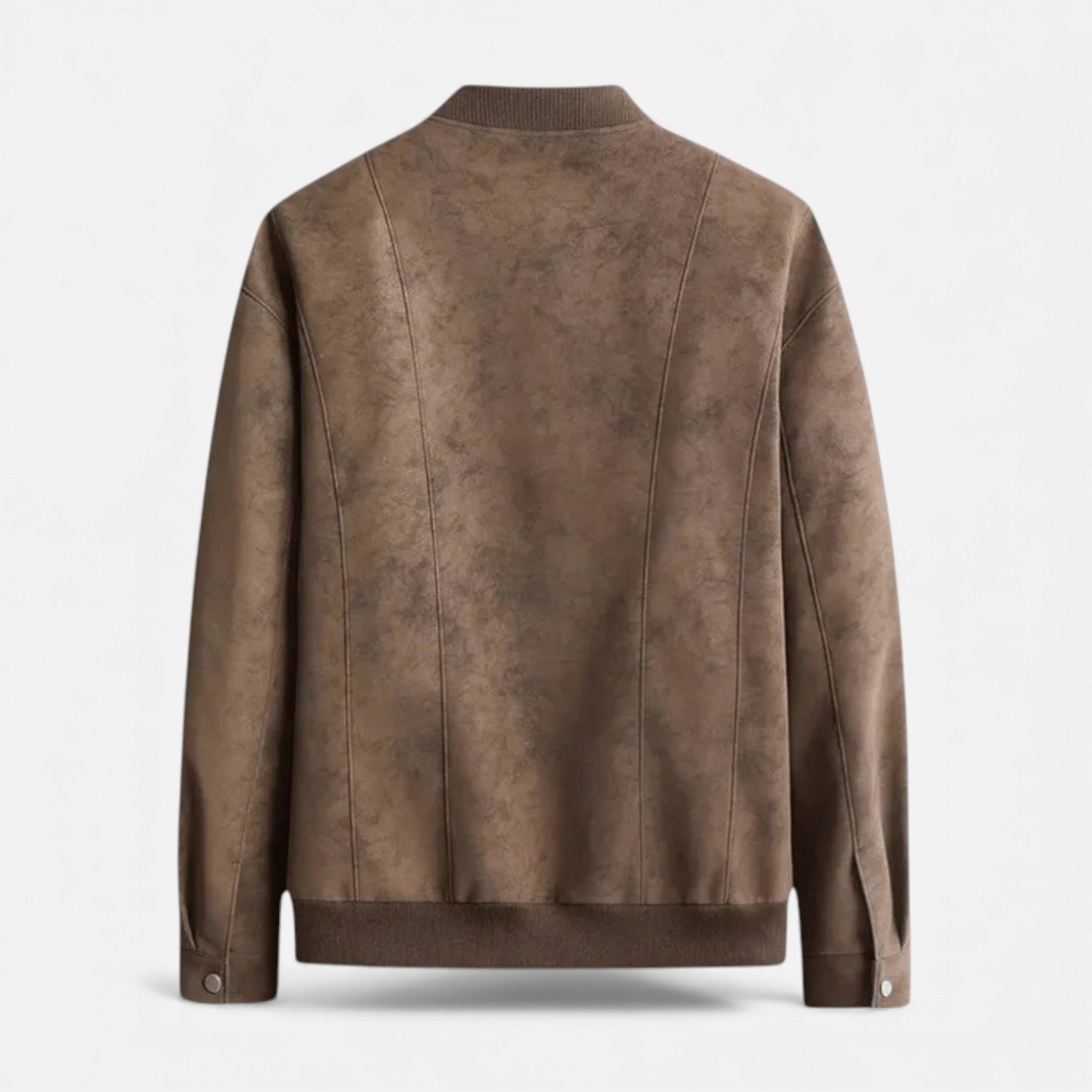 Men's brown textured bomber jacket with ribbed cuffs and clean zip front