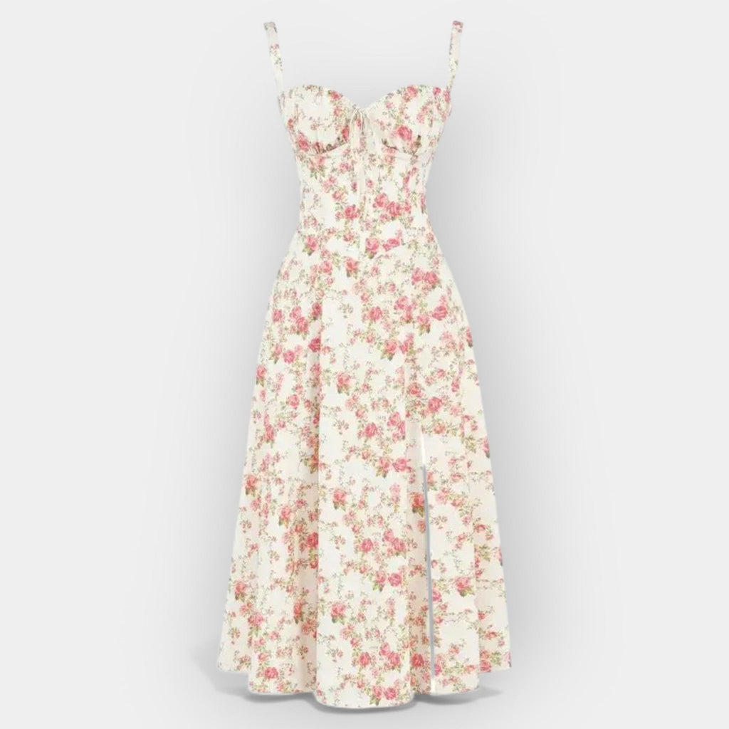 Structured corset midi dress in soft pink with a smooth flowing skirt