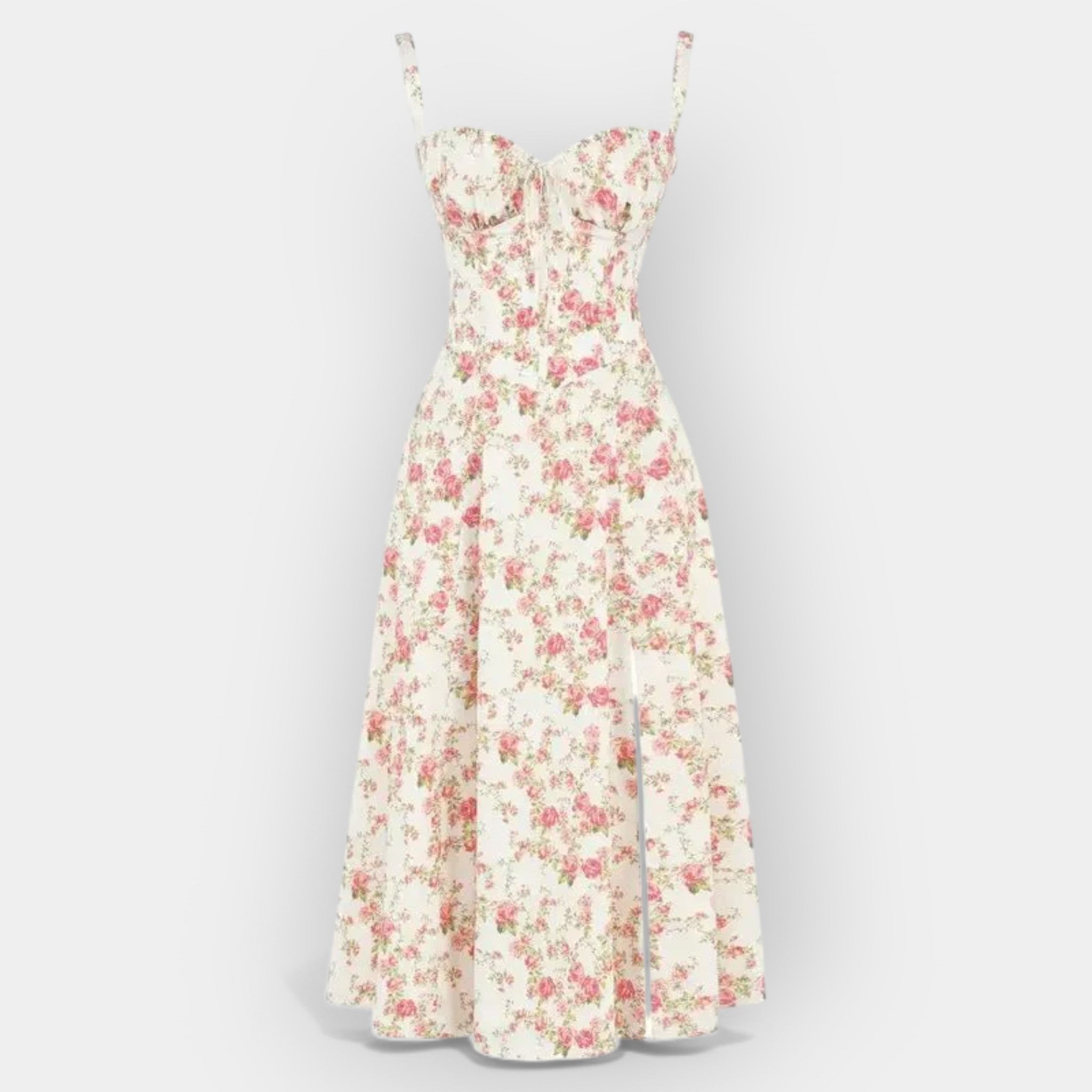Structured corset midi dress in soft pink with a smooth flowing skirt