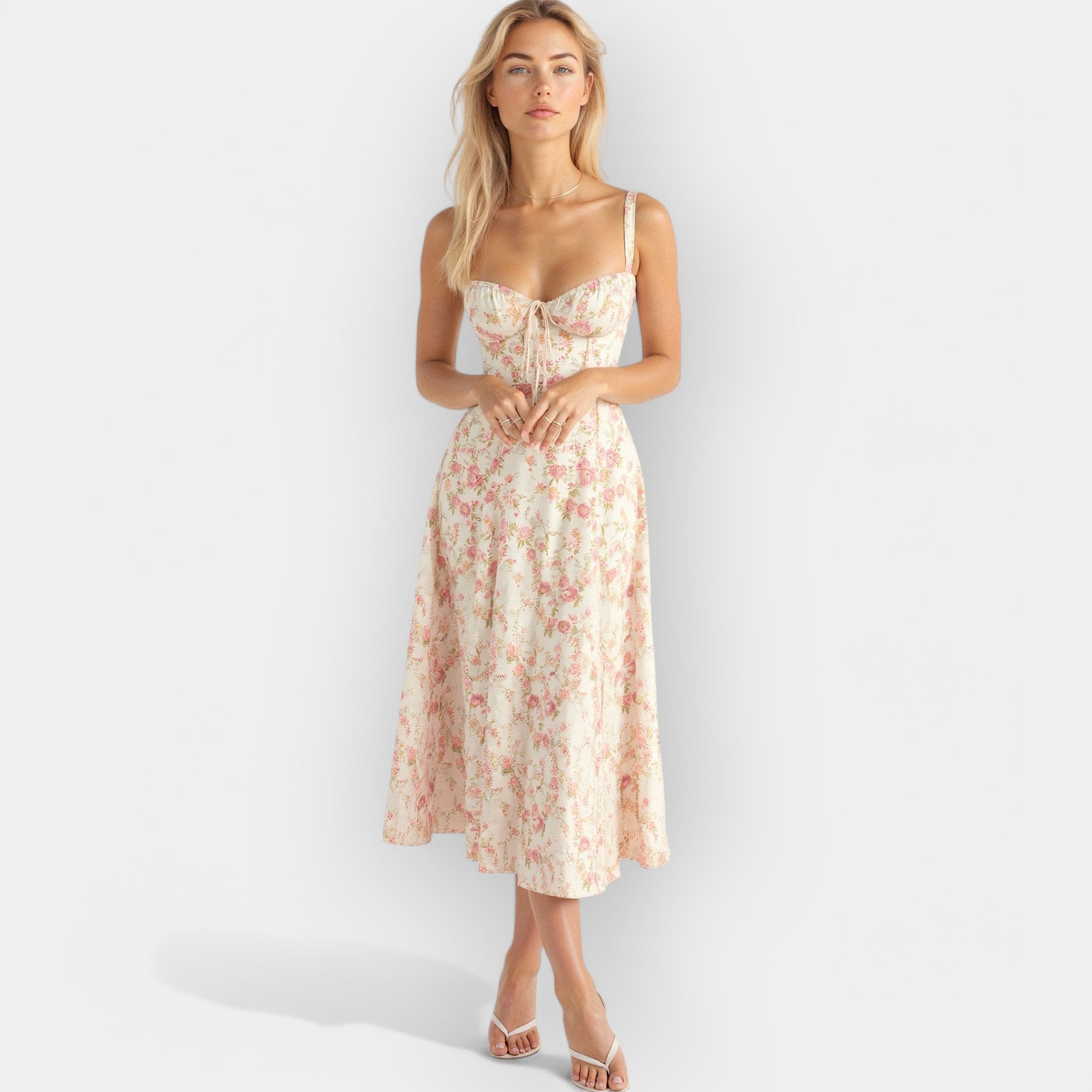 Structured corset midi dress in soft pink with a smooth flowing skirt