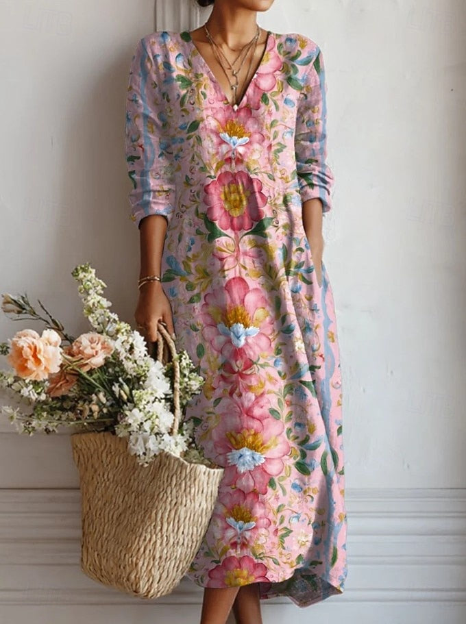 A woman wearing a soft, light day dress, relaxed and at ease on an ordinary day out.