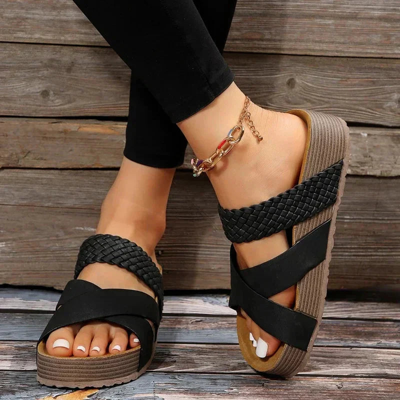 Brown cross-strap wedge sandals with backless design and cushioned sole