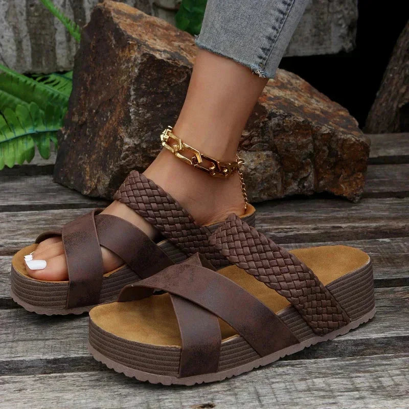 Brown cross-strap wedge sandals with backless design and cushioned sole