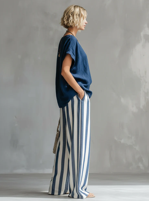 Striped relaxed summer co-ord set in blue, available in a range of colours including burgundy, black, navy and yellow