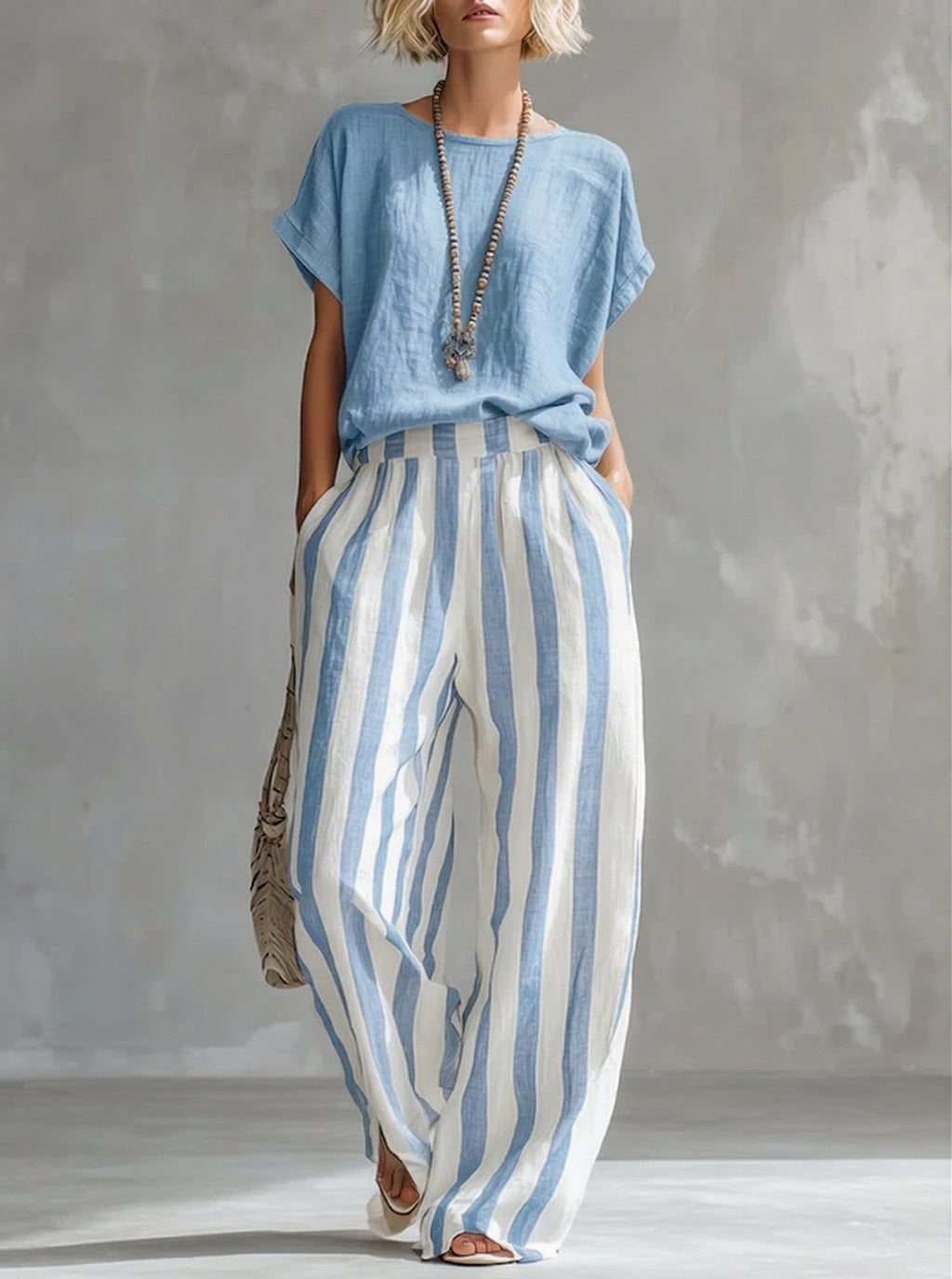Striped relaxed summer co-ord set in blue, available in a range of colours including burgundy, black, navy and yellow