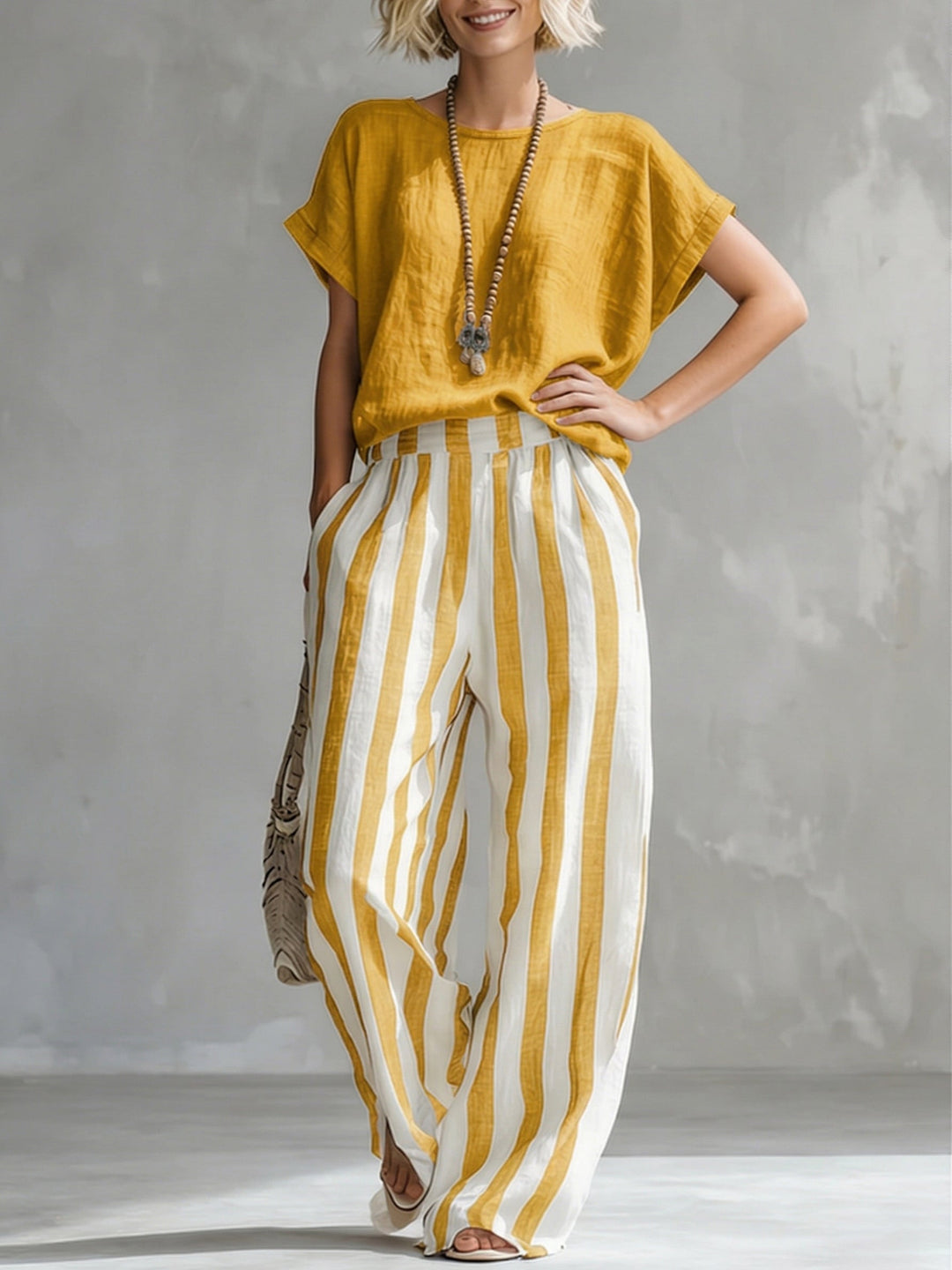Striped relaxed summer co-ord set in blue, available in a range of colours including burgundy, black, navy and yellow