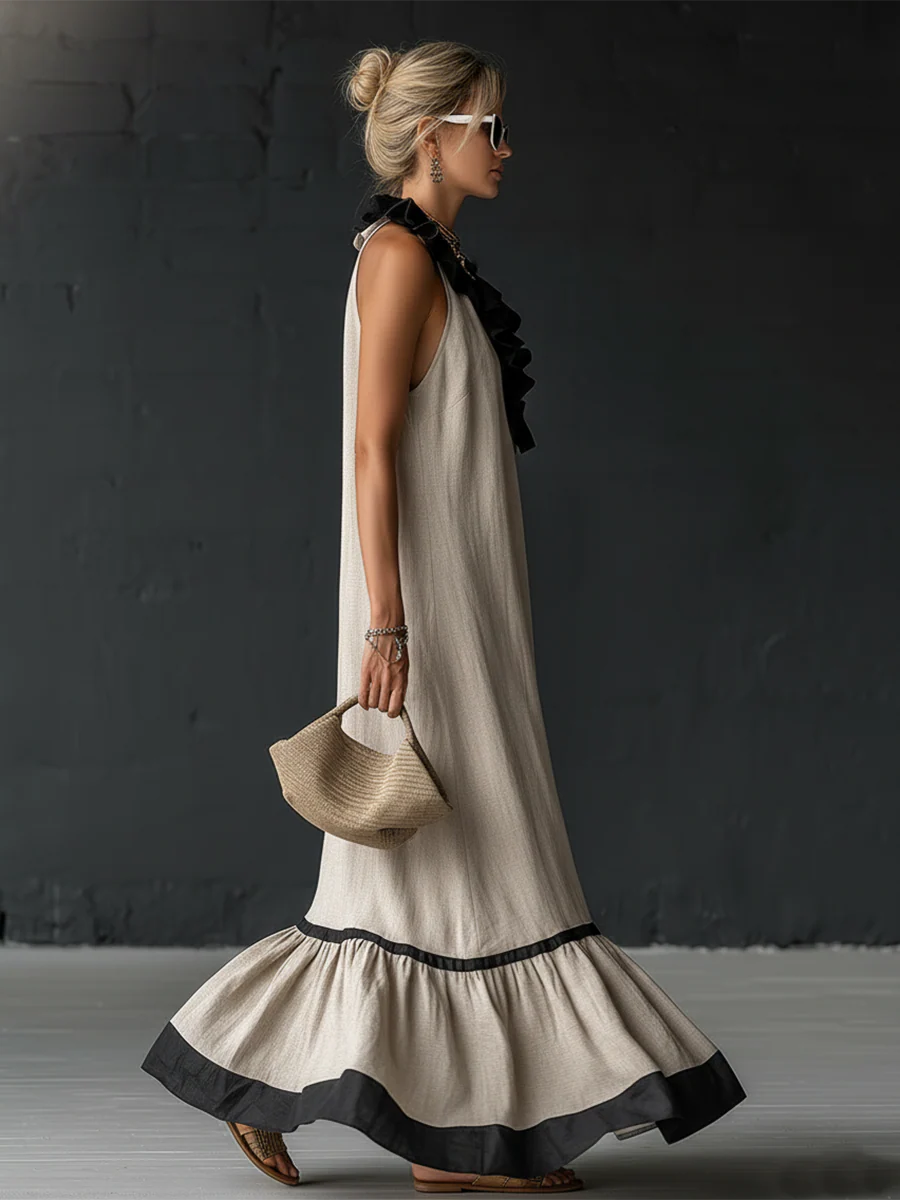 ZELINA™ | Elegant Colour Block Maxi Dress with Romantic Ruffles