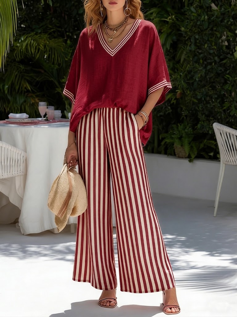Striped V-neck women's co-ord set in red, available in a range of colours including pink, blue, yellow, green, black and beige