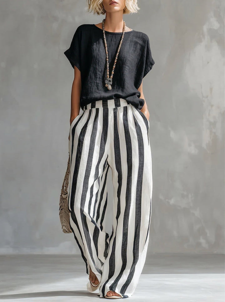 Striped relaxed summer co-ord set in blue, available in a range of colours including burgundy, black, navy and yellow