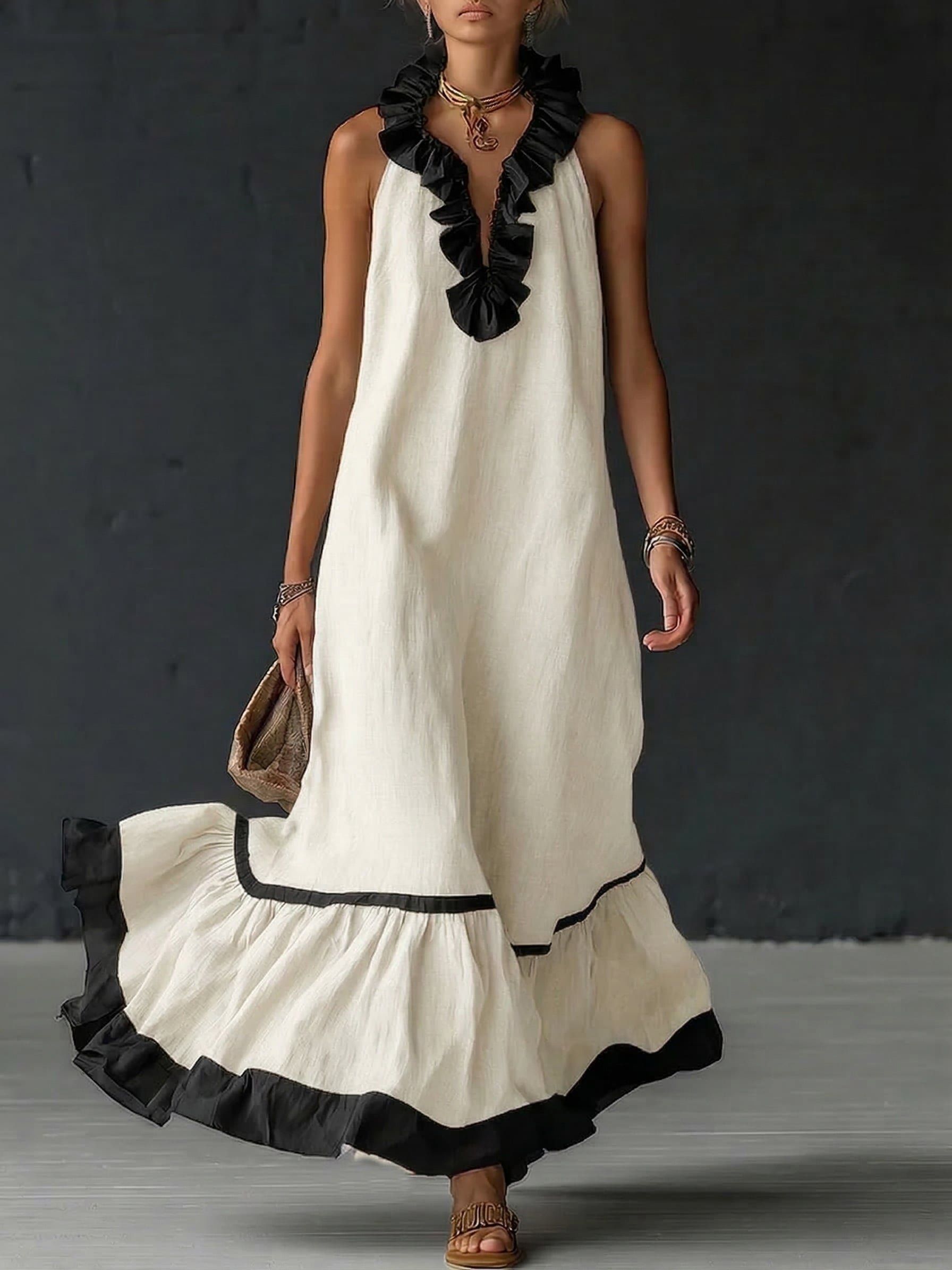 ZELINA™ | Elegant Colour Block Maxi Dress with Romantic Ruffles