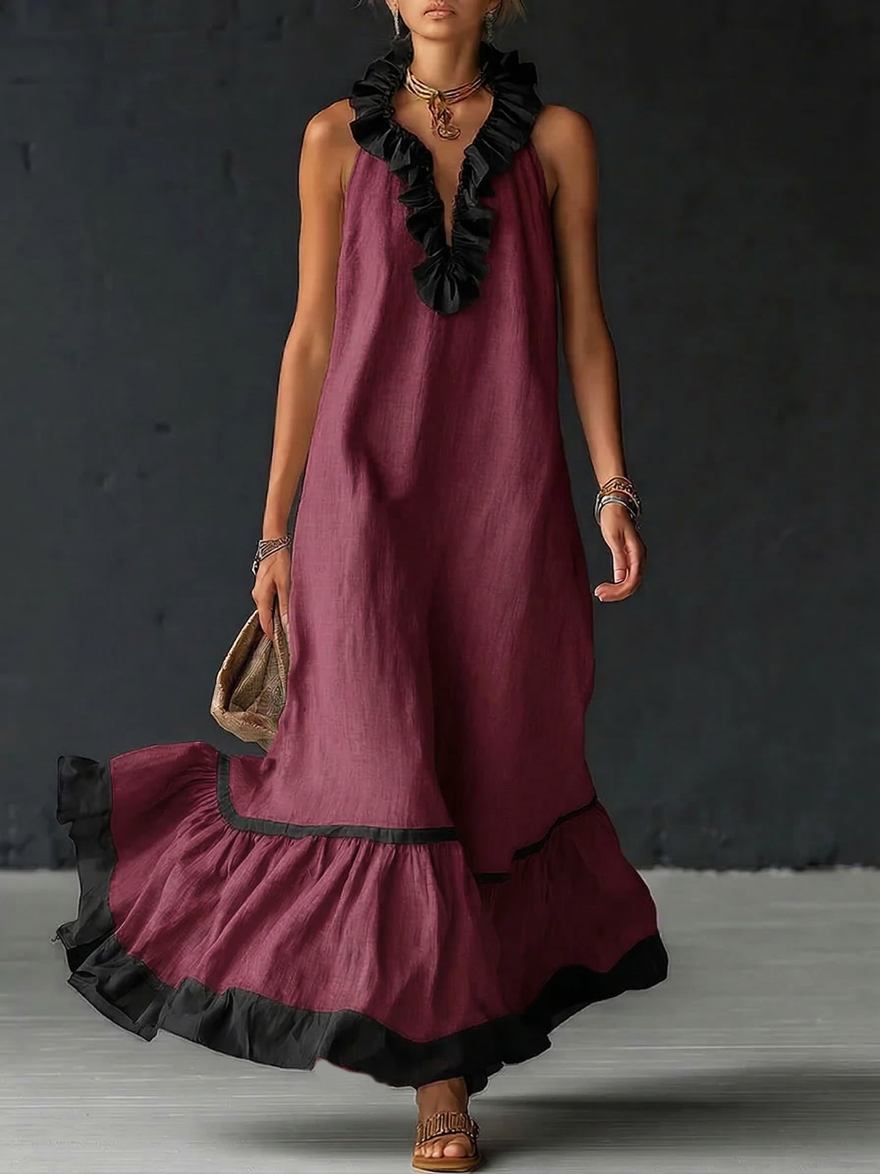 ZELINA™ | Elegant Colour Block Maxi Dress with Romantic Ruffles