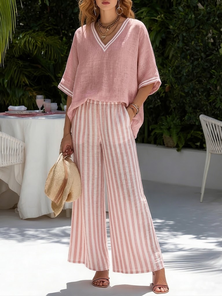 Striped V-neck women's co-ord set in red, available in a range of colours including pink, blue, yellow, green, black and beige