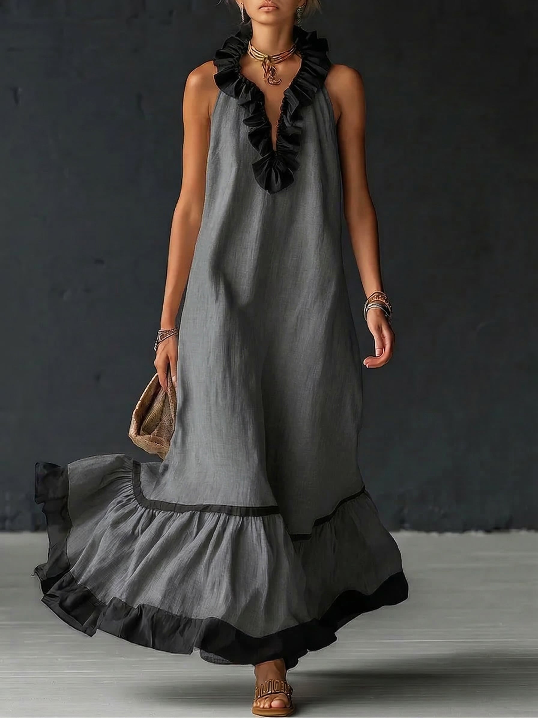 ZELINA™ | Elegant Colour Block Maxi Dress with Romantic Ruffles