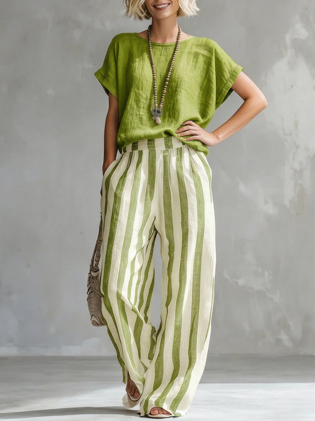Striped relaxed summer co-ord set in blue, available in a range of colours including burgundy, black, navy and yellow
