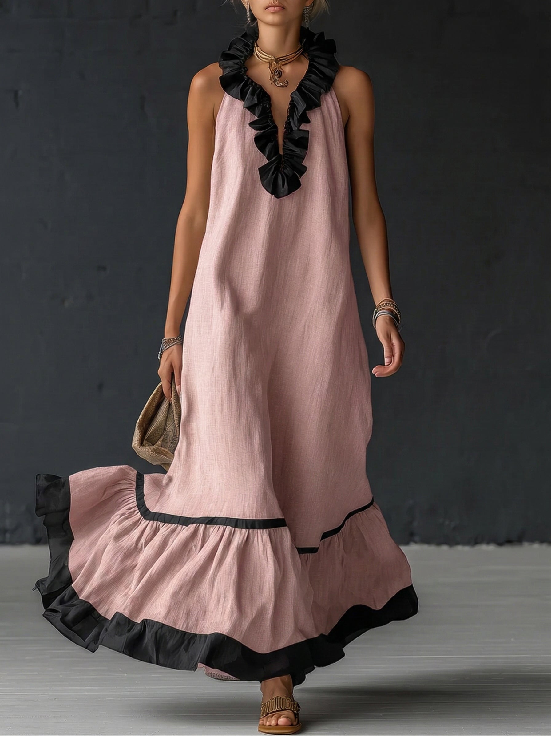 ZELINA™ | Elegant Colour Block Maxi Dress with Romantic Ruffles