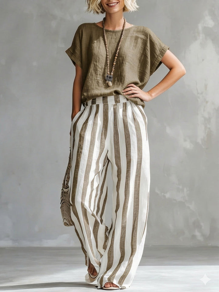 Striped relaxed summer co-ord set in blue, available in a range of colours including burgundy, black, navy and yellow